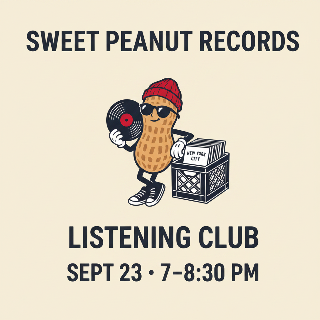 Listening Club event poster featuring the Sweet Peanut Records mascot